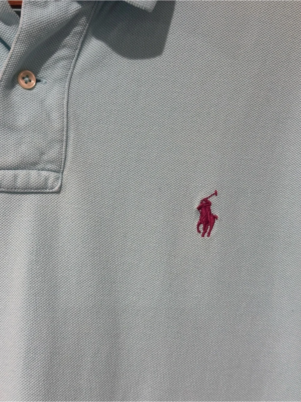 Polo by Ralph Lauren Men’s Light Blue Polo with Pink Logo